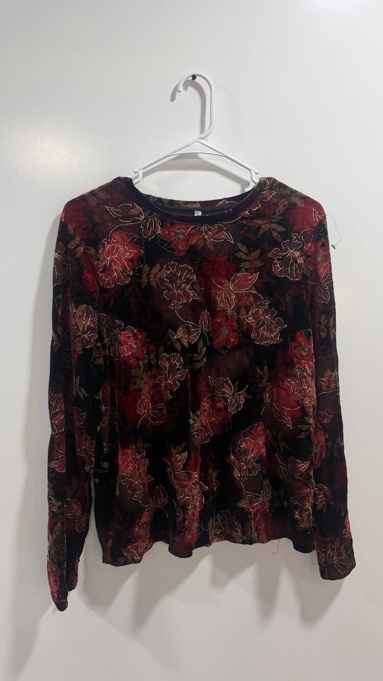 Y2K Black Velvet Sparkly Gold Floral Paisley Long Sleeve Top Size L Whimsigoth - Picture 1 of 4